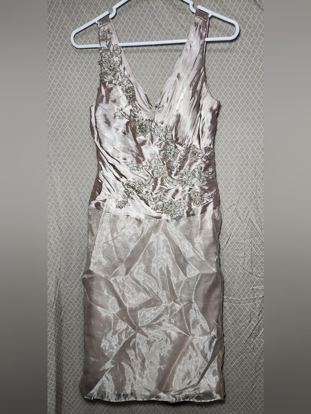 NiKi by Niki Livas Champagne Cocktail Dress Floral Accents Ruched Bodice Size4